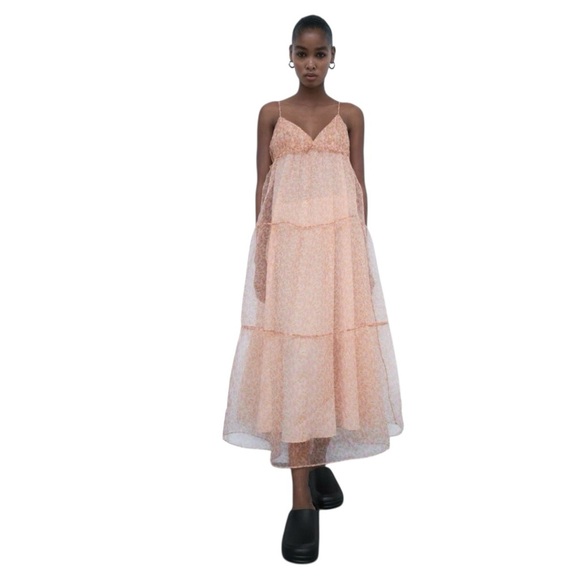 Zara Organza Orange Floral Midi Dress size Medium - Picture 1 of 17